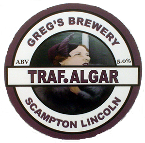 Pump Clip for TRAF.ALGAR - 5.0% ABV - brewed by Greg’s Brewery in Scampton, Lincolnshire, U.K.